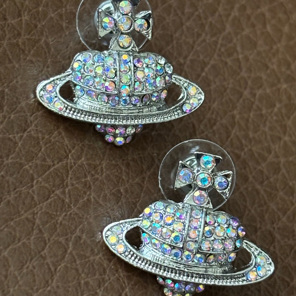 Silver Crystal Planet Earrings ufo Saturn stud